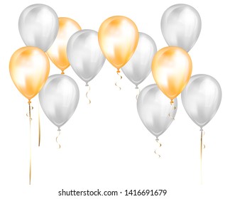 Flying glossy white and yellow shiny realistic 3D helium balloons with gold ribbon, perfect decoration for birthday party brochures, invitation card or baby shower.