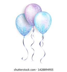 Flying glossyblue and purple shiny realistic 3D helium balloons with gold ribbon and glitter sparkles, perfect decoration for birthday party brochures, invitation card or baby shower.