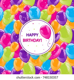 Flying glowing balloons colorful seamless pattern background with round place with Happy birthday text, beautiful colorful illustration. 
