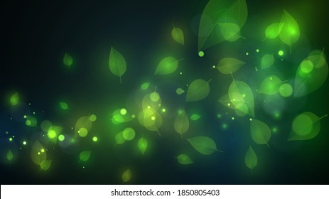 Flying glowing green leaves and sparks on dark background