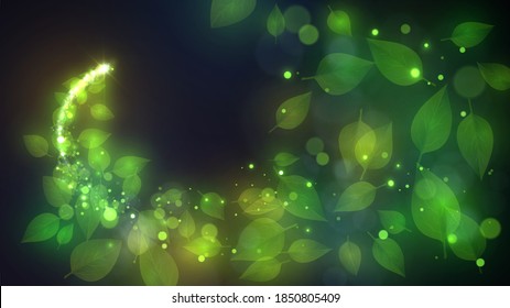 Flying glowing green leaves and sparks on a dark background, magic or healing herbs