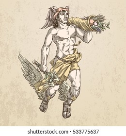 Flying god Hermes with caduceus and cornucopia, in sepia. Vector illustration.