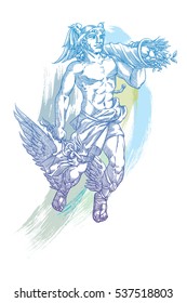 Flying god Hermes with caduceus and cornucopia, with stylized brushstrokes. Vector illustration.