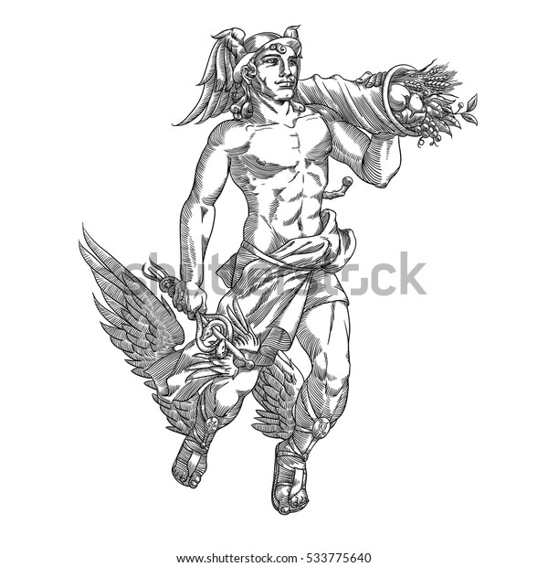 彫刻様式のカデューセウスとコルヌコピアを持つ飛翔神ヘルメス ベクターイラスト のベクター画像素材 ロイヤリティフリー