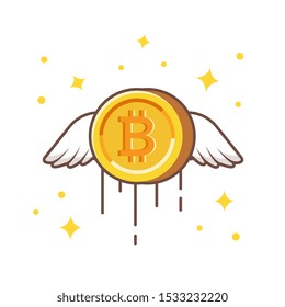 Ilustración del icono del vector de bitcoin de oro volador. Bitcoin Y Alas, Concepto De Ícono Financiero Aislado Blanco. Estilo de caricatura plano adecuado para la página de inicio web, pancarta, adhesivo, fondo