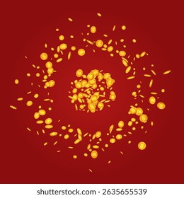 Flying Gold Coin Vector Red Background. Golden Cash Fall Poster. Metal Dollar Design. Falling Money Template.