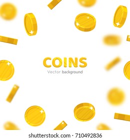 Flying gold coins cartoon frame. Background of the flying gold of coins in the form of a frame in a cartoon style. Cover gold pieces in the form of vector illustrations