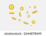 Flying gold coins in motion with transparent background.