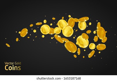 Flying gold coins vector illustration. Jackpot or success concept. Illustration of realistic 3d golden coins with dollar sign.
