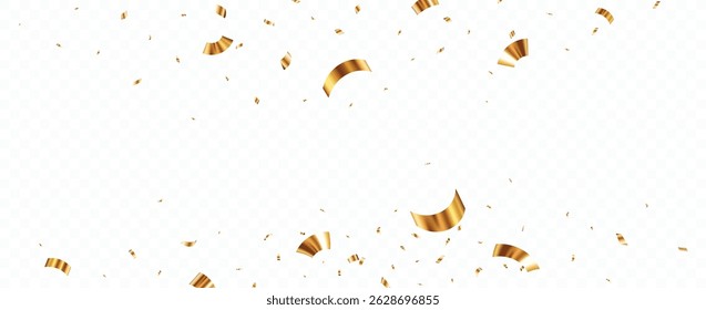 Flying Gold confetti and ribbon banner, isolated on transparent background