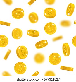 Flying gold dollars seamless pattern. Background of flying gold dollars as a pattern for designers and illustrators. Cover of floating gold pieces in the form of vector illustration