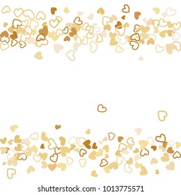 Flying gold hearts frame vector border. Background illustration with heart confetti love symbols for wedding invitation card template, Valentine's day love holiday banner frame in gold color.