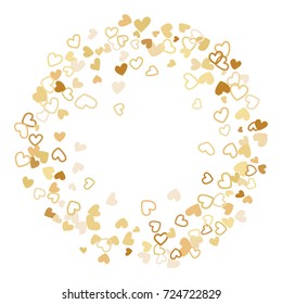 Flying gold hearts frame vector border. Background illustration with heart confetti love symbols for wedding invitation card template, Valentine's day love holiday banner frame in gold color.