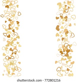 Flying gold hearts frame vector border. Background illustration with heart confetti love symbols for wedding invitation card template, Valentine's day love holiday banner frame in gold color.