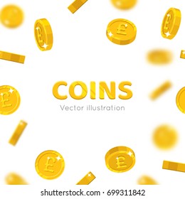 Flying gold pounds cartoon frame. Background of the flying gold of pounds in the form of a frame in a cartoon style. Cover gold pieces in the form of vector illustrations