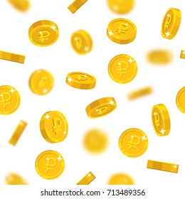 Rublos de oro volando sin fisuras. Fondo de rublos de oro volando como patrón para diseñadores e ilustradores. Cubierta de piezas de oro flotantes en forma de ilustración vectorial