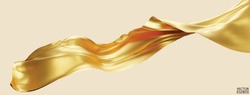 Flying Gold Silk Textile Fabric Flag Background. Smooth Elegant Golden Satin Isolated On Beige Background For Grand Opening Ceremony. Gold Curtain. 3d Vector Illustration