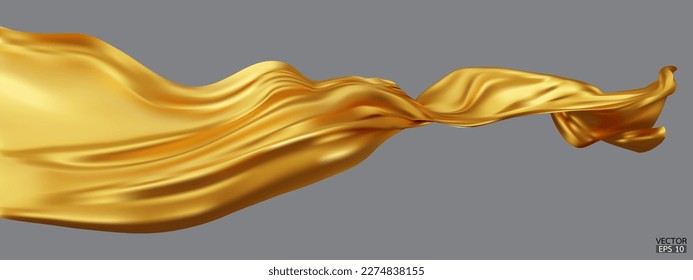 Flying gold silk textile fabric flag background. Smooth elegant golden Satin Isolated on gray Background for grand opening ceremony. Yellow curtain. 3d vector illustration.