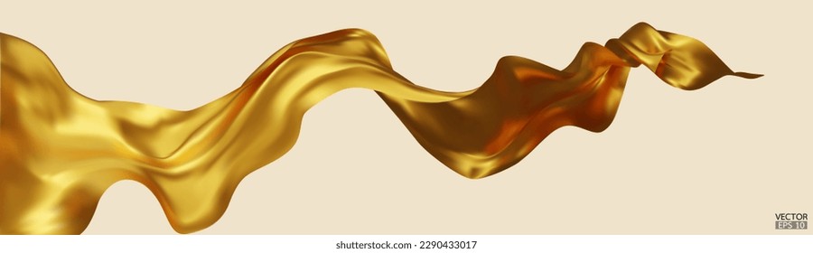 Flying gold silk textile fabric flag background. Smooth elegant golden Satin Isolated on beige Background for grand opening ceremony. Gold curtain. 3d vector illustration.