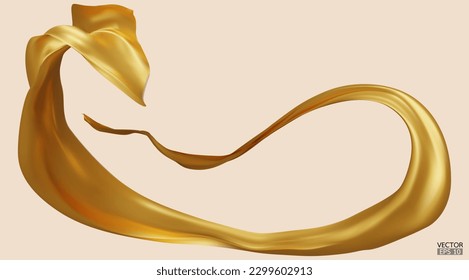 Fondo de la bandera de la tela textil de seda dorada voladora. Satin suave y elegante dorado aislado de fondo beige para la gran ceremonia de inauguración. Cortina de oro. Ilustración vectorial 3d.