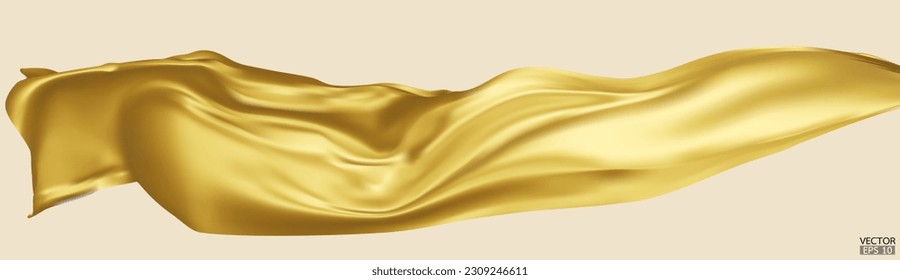 Fliegende goldene Seide, Stoffflagge, Hintergrund. Hübscher, eleganter, goldener Satin einzeln auf beigem Hintergrund für eine große Eröffnungszeremonie. Goldvorhang. 3D-Vektorgrafik