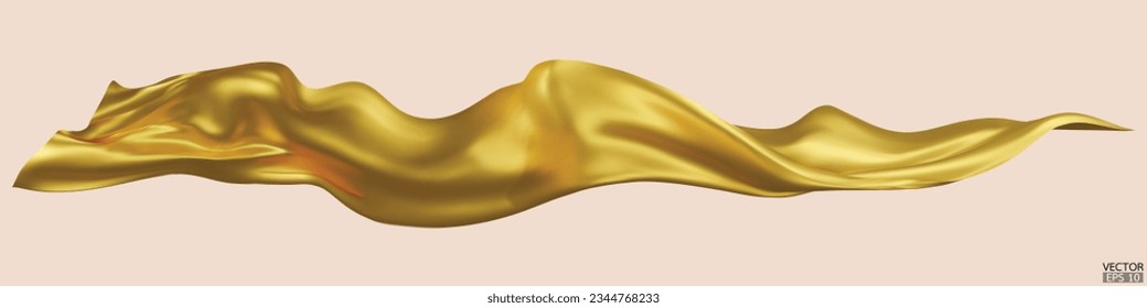 Fliegende goldene Seide, Stoffflagge, Hintergrund. Hübscher, eleganter, goldener Satin einzeln auf beigem Hintergrund für eine große Eröffnungszeremonie. Goldvorhang. 3D-Vektorgrafik