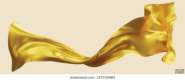 Flying gold silk textile fabric flag background. Smooth elegant golden Satin Isolated on beige Background for grand opening ceremony. Gold curtain. 3d vector illustration