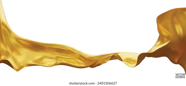 Flying gold silk textile fabric flag background. Smooth elegant golden Satin Isolated on white Background for grand opening ceremony. Gold curtain. 3d vector illustration