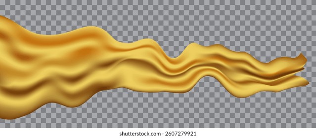 Flying gold silk textile fabric flag background. Smooth elegant golden Satin Isolated on gray Background for grand opening ceremony. Yellow curtain. 3d vector illustration.