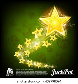 Flying gold star with shiny effects on abstract green background