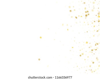 Flying gold star sparkle vector with white background. Modern gold gradient christmas sparkles glitter geometric star pattern. Party tinsels flying backdrop.