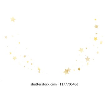 Flying gold star sparkle vector with white background. Bright gold gradient christmas sparkles glitter geometric star pattern. Holiday starburst lights backdrop.