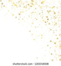 Vector espumoso estrella dorada volador con fondo blanco. Las Navidad doradas y de moda brillan con un patrón de estrellas geométricas. Decoración de brillo de confeti de Año Nuevo.