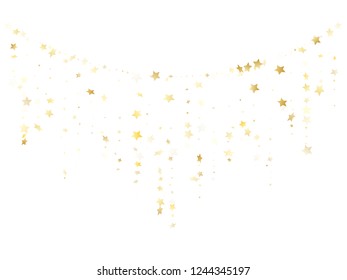 Flying gold star sparkle vector with white background. Decorative gold gradient christmas sparkles glitter geometric star pattern. Party starburst flying backdrop.