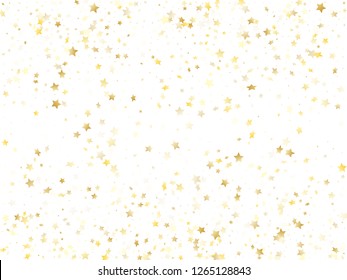 Flying gold star sparkle vector with white background. Glittering gold gradient christmas sparkles glitter geometric star pattern. Holiday tinsels scatter flying pattern.