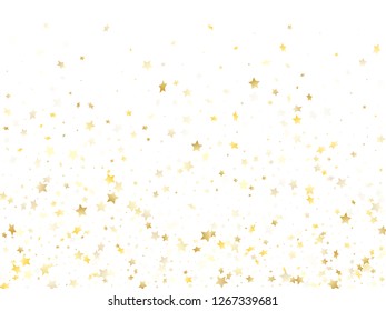 Flying gold star sparkle vector with white background. Carnival gold gradient christmas sparkles glitter geometric star pattern. Birthday starburst fireworks backdrop.