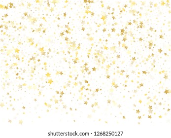 Flying gold star sparkle vector with white background. Twinkle gold gradient christmas sparkles glitter geometric star pattern. Christmas tinsels scatter flying backdrop.