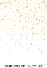 Flying gold star sparkle vector with white background. Awesome gold gradient christmas sparkles glitter geometric star pattern. New Year tinsels scatter flying backdrop.
