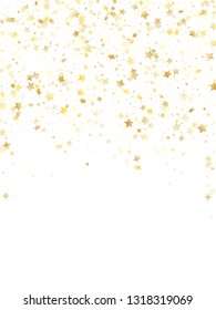 Flying gold star sparkle vector with white background. Carnival gold gradient christmas sparkles glitter geometric star pattern. Christmas tinsels flying backdrop.