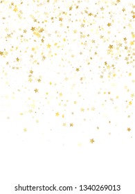 Flying gold star sparkle vector with white background. Beautiful gold gradient christmas sparkles glitter geometric star pattern. Holiday starburst scatter pattern.