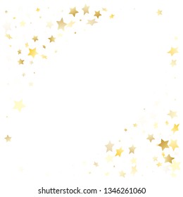 Flying gold star sparkle vector with white background. Holiday gold gradient christmas sparkles glitter geometric star pattern. Christmas starburst lights pattern.