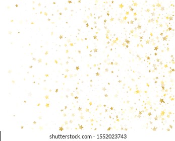 Flying gold star sparkle vector with white background. Luxurious gold gradient christmas sparkles glitter geometric star pattern. Holiday tinsels scatter flying pattern.