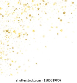 Flying gold star sparkle vector with white background. Glowing gold gradient christmas sparkles glitter geometric star pattern. Christmas starburst lights poster pattern.