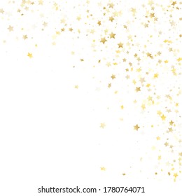 Flying gold star sparkle vector with white background. Trendy gold gradient christmas sparkles glitter geometric star pattern. New Year starburst scatter backdrop.