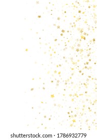 Flying gold star sparkle vector with white background. Holiday gold gradient christmas sparkles glitter geometric star pattern. Holiday confetti tinsels decor.