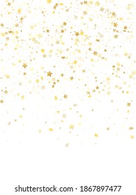 Flying gold star sparkle vector with white background. Glittering gold gradient christmas sparkles glitter geometric star pattern. Holiday confetti glitter decoration.