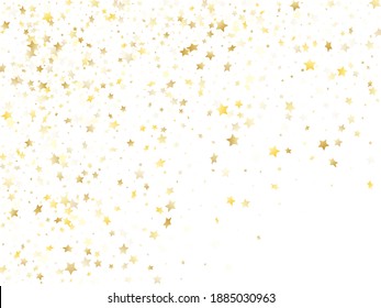 Vector espumoso estrella de oro volador con fondo blanco. Las navidades de gradiente dorado brillante brillan con un patrón de estrella geométrica. Los botellas de cumpleaños esparcen fondo volador.