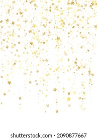 Flying gold star sparkle vector with white background. Geometric gold gradient christmas sparkles glitter geometric star pattern. Christmas tinsels flying backdrop.