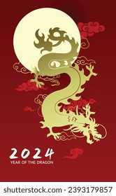 Flying golden asian dragon on sky with oriental clouds. Happy chinese new year of the dragon 2024 vector greetings card.