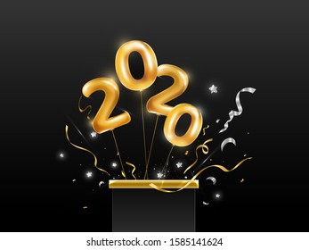 Flying Golden Balloon Number of 2020 From Surprise Gift Box with Stars and Confetti Ribbon on Black Background.
